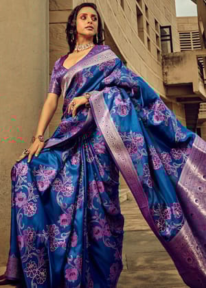 Coral Blue Woven Satin Silk Banarasi Saree With Brocade Blouse