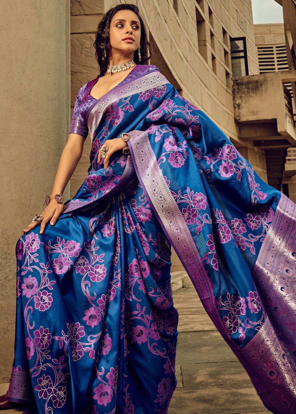 Coral Blue Woven Satin Silk Banarasi Saree With Brocade Blouse