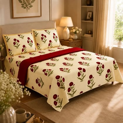 Crimson Bloom Premium 100% Cotton King Size Bedsheet with 2 Pillow Covers