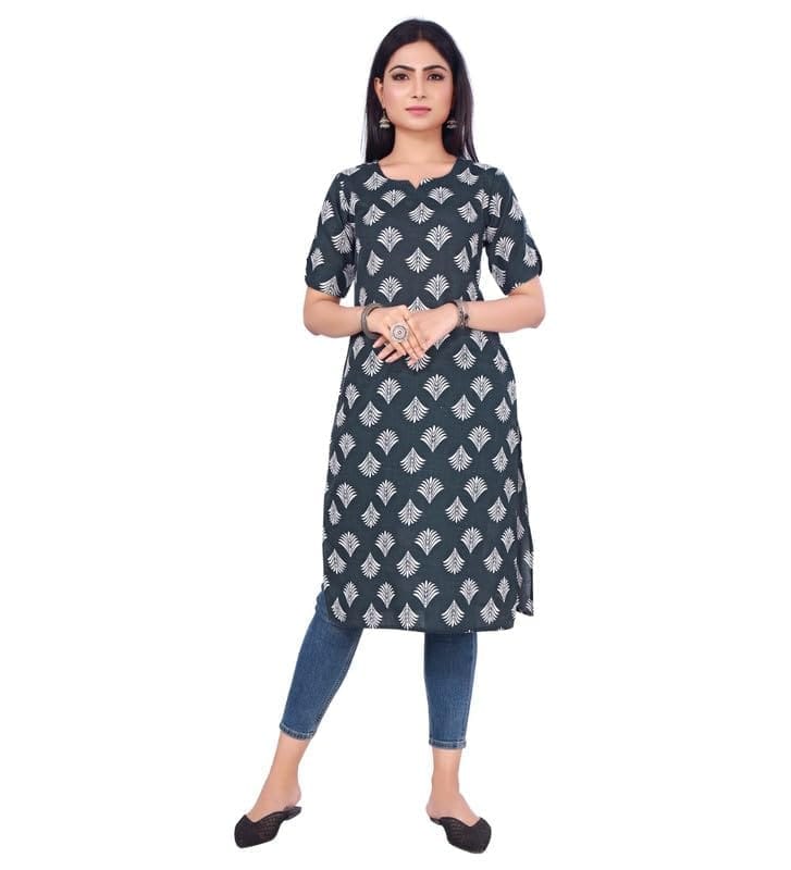 Women's Casual 3/4th Sleeve Printed Cotton Kurti (Grey, L)-PID46166