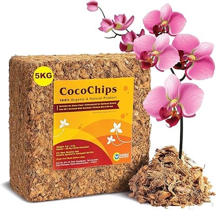 Coco Chips for Gardening 5Kg Brick Extra Nutrients Added Expands Upto 20 Kg Low Ec Coconut Husk Pure Natural & Eco Friendly Potting Mixture Soil Less Orchid Potting Mix Best for Plant Root Aeration