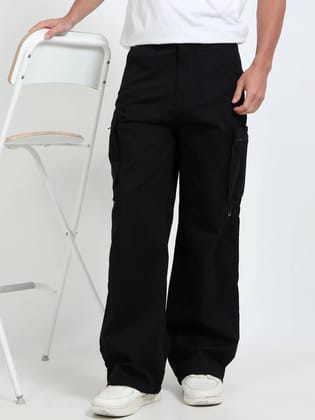 Men Cotton Baggy Fit Cargo Trousers, Black-28