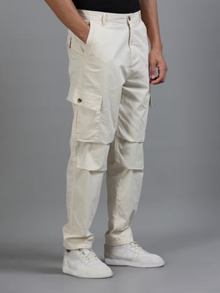 Men Cotton Relaxed Fit Cargo Trousers, Light Beige-32