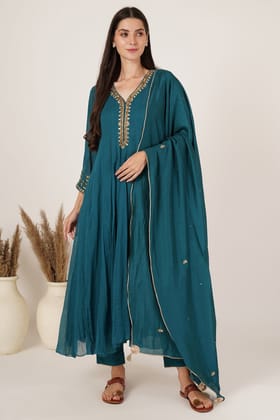 Teal green chanderi anarkali kurta set of 3-S