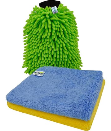 SOFTSPUN SOFTSPUN Microfiber Chenille & Single-Side Gloves 1700 GSM with Towel 380 GSM, 3 Piece Combo Multicolour, 20X30 Multi-Purpose Super Absorbent and Perfect Wash Clean with Lint-Scratch Free Car, Dusting! Glove