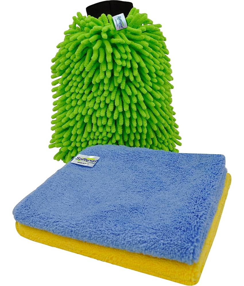 SOFTSPUN SOFTSPUN Microfiber Chenille & Single-Side Gloves 1700 GSM with Towel 380 GSM, 3 Piece Combo Multicolour, 20X30 Multi-Purpose Super Absorbent and Perfect Wash Clean with Lint-Scratch Free Car, Dusting! Glove