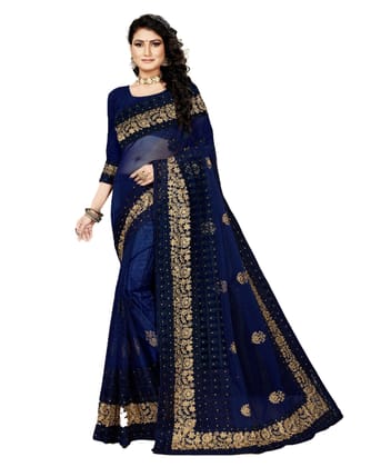 Generic Women's Net Saree With Blouse (Navy Blue, 5-6 Mtr)