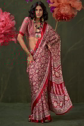 Garnet Red Ajrakh Printed Satin Crepe Soft Silk Saree