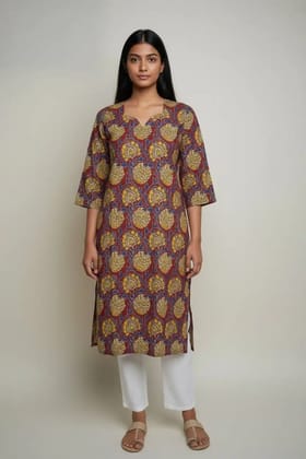 Pedana Kalamkari Screen-Print Cotton Kurti in Brown