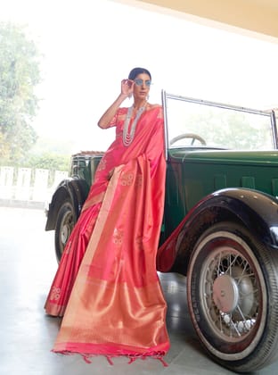 Pink Soft Banarasi Silk Woven Jacquard Saree