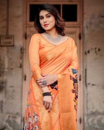 Sunset Orange Tussar Silk Saree with Royal Procession Pallu and Zari Border-Regular