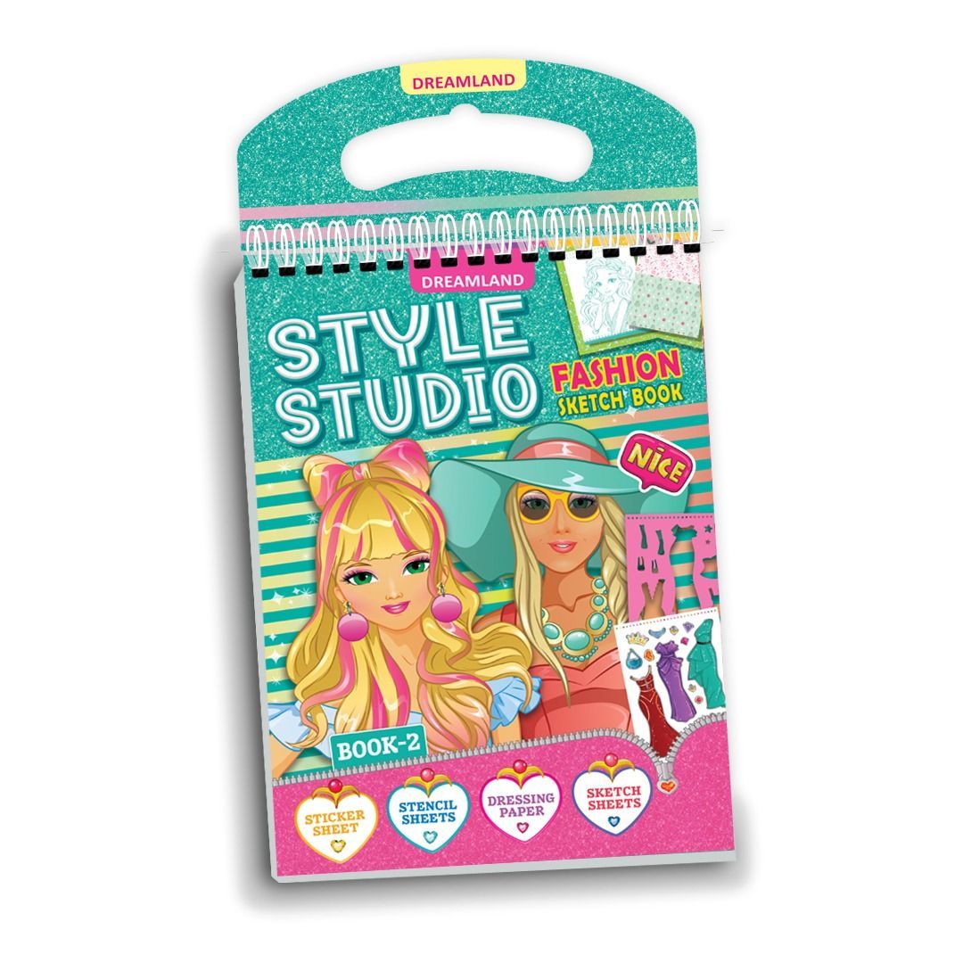 Dreamland Style Studio Fashion Sketch Activity Book 2 for Girls Age 4-8 years– Creative Design Kit with Sticker Sheets, Stencil Sheets, Dressing Paper & Sketch Pages | Fun DIY Activity Book