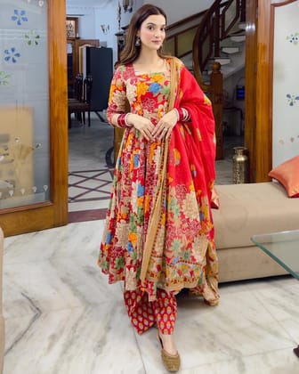 Cotton Chanderi Summer Special Floral Digital Print work Flair Kurti Pant Dupatta Set (Ready to wear)-M