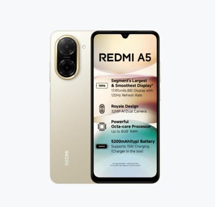 Redmi A5 Jaisalmer Gold (4GB RAM 128GB Storage) | Royale Design | Segment's Largest 17.47cm(6.88) and Smoothest 120Hz Display | 5200mAh Large Battery | Expandable Storage up to 2TB