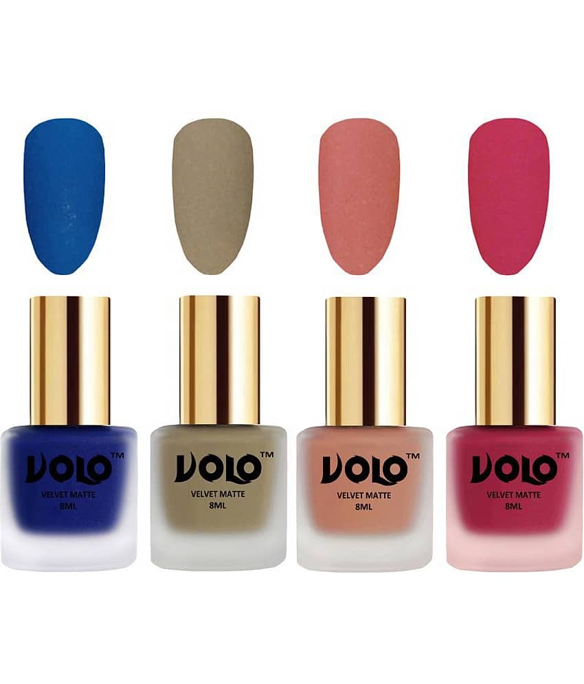 VOLO Velvet Dull Matte Posh Shades Nail Polish Blue,Nude,Peach, Pink Matte Pack of 4 32 mL