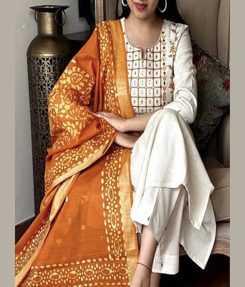 TRAHIMAM Women Cotton Embroidered Straight Kurti With Pants ( White )