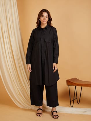 All Black Buttoned Co-ord Set Black-Small
