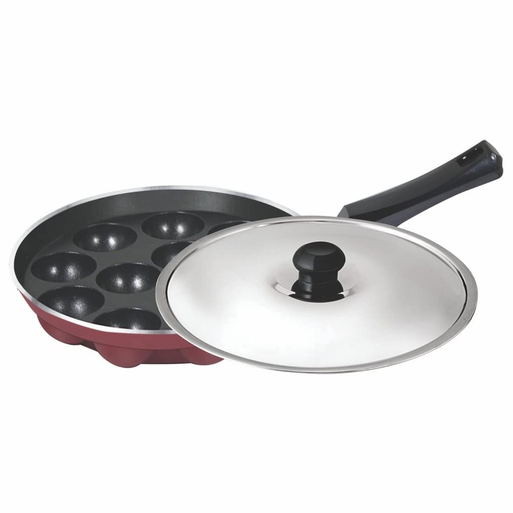 BALTRA Appam Patra Maker 12 Cavity Non-Stick Stainless Steel Lid (BTN-239) | Maroon, Durable and Efficient, Ideal for Making Perfect Appams and Paniyarams