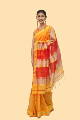 Epic Ivory Kosa Pallu Yellow Red handloom Saree with Tassels