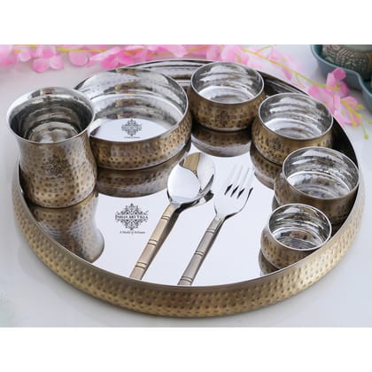 Indian Art Villa Steel Brass Curve Thali Set 9 Piece, Hammered Antique Finish Design Dinner Set-AntiqueHammered / 1