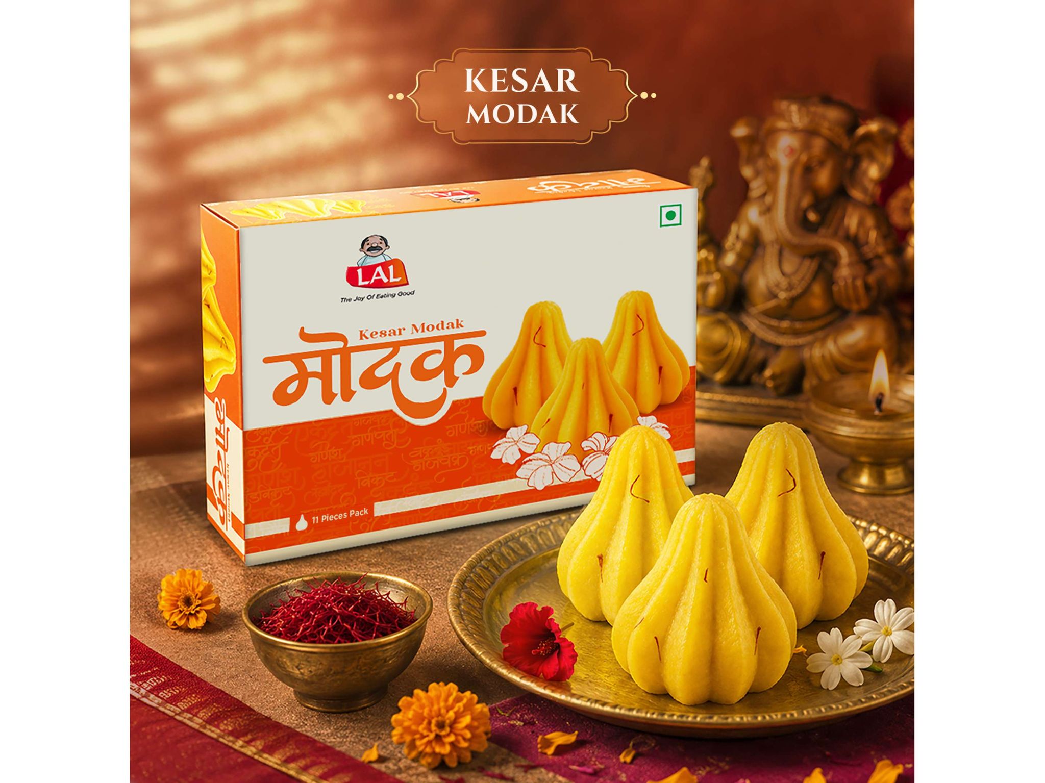LAL Sweets Kesar Modak 200g, Premium Kesar Modak, Ganesha Chaturthi Special, Traditional Indian Sweet, Kesar Mithai for Ganesha Puja 