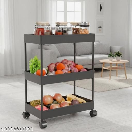 Plastic Storage Rack for Bedroom/Shelf for Bedroom/Bathroom Storage Rack/Trolley for Kitchen Storage/Multipurpose Storage Rack (Black, 3 Layer)