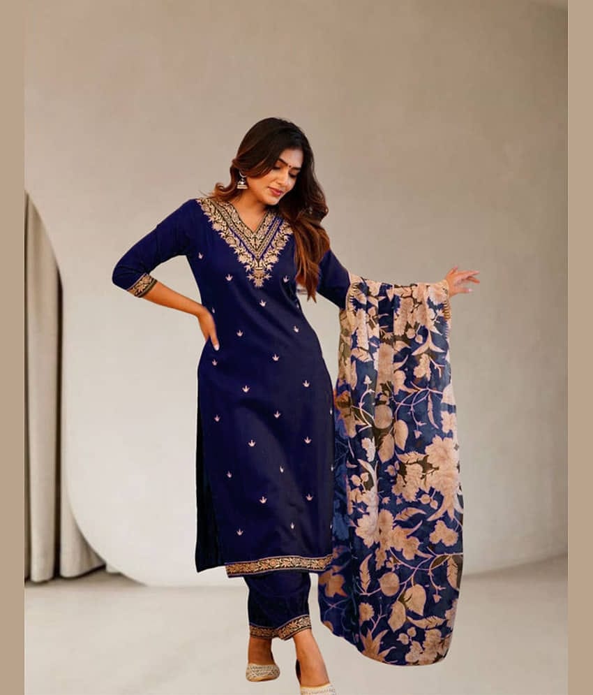 piludi Women Rayon Embroidered Straight Kurti With Pants ( Navy Blue )