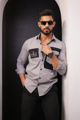 Grey-Black Double Pocket Full Sleeve Shirt Grey-Black Double Pocket Full Sleeve Shirt