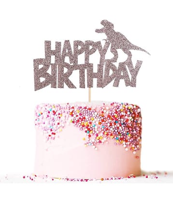 Zyozi® Happy Birthday Cake Topper Rose Gold Glitter Dinosaur Cake Topper Boy and Girl Dinosaur Theme Birthday Party Cake Decoration