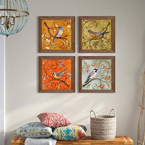 Wall Art Painting for living room, birds floral Framed painting, set of 4, 9x9 Inch