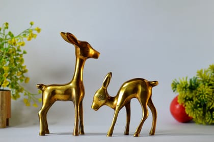 Brass Standing Deer Pair Statue (Color - Golden, Size - 7H *4.5L*2B & 4.5H *4.5L*2B) by Snova Enterprises