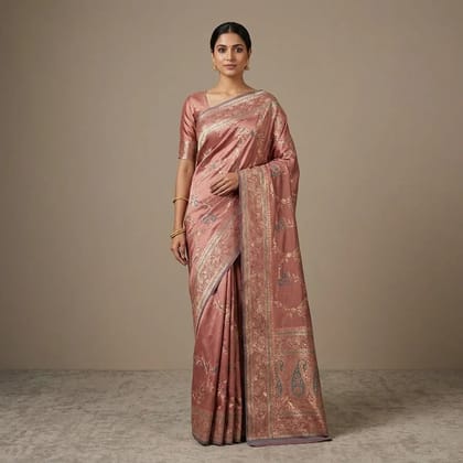Rose Gold Banarasi Satin Embroidered Ethnic Saree For Women
