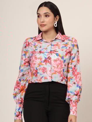 Women'S Premium Muslin Multicolour Long Length Curved Hem Digital Print Shirt-M