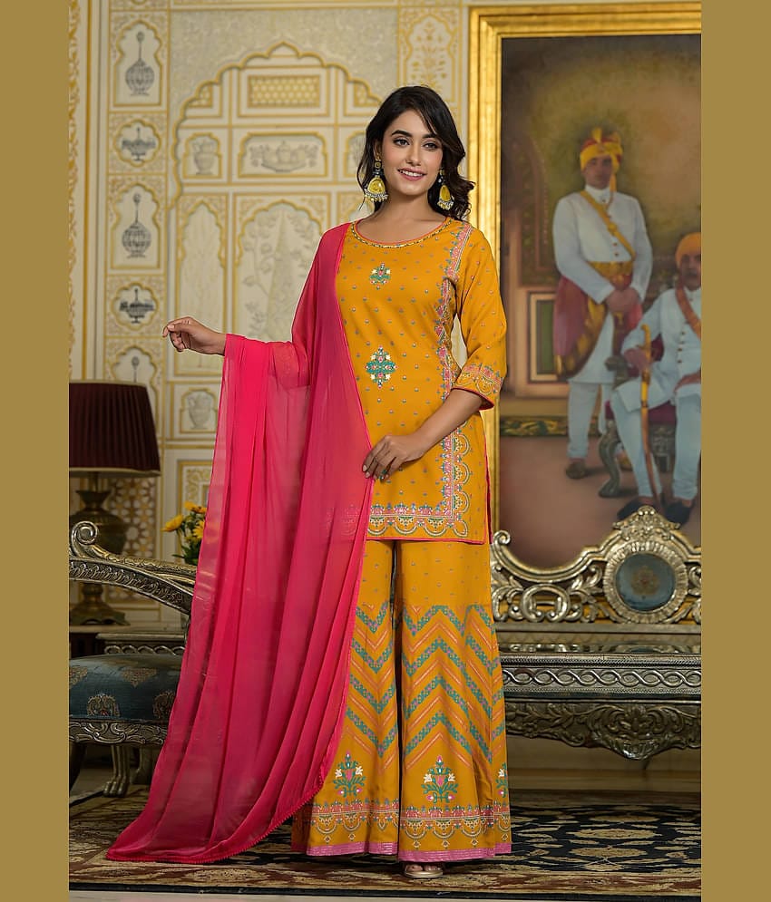 Juniper Rayon Printed Kurti With Sharara And Gharara Women's Stitched Salwar Suit - Mustard ( Pack of 1 )