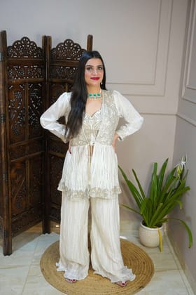 Off White Colour Palazzo with Crop Top and Designer Shrug (Dress have 4 inch of margin both side for alteration as per customer need)-Free Size / Cream