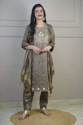 Coffee Brown Colour Thread Work Straight Kurta Set with Pant & Dupatta-XL / Coffee