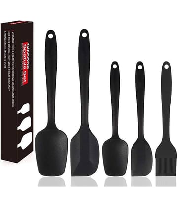 Baskety Black Silicone Large And Small Spoon Mixing Spatula Brush Set ( Pack of 5)