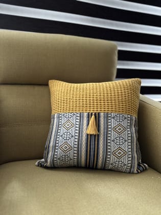 KRI India The Minimalist Sunny Embroidered Cushion Covers|16x16 inches | White, navy & Sunny Yellow  | Wash & Care | 100% Cotton | Handcrafted in India. 100% organic & natural.