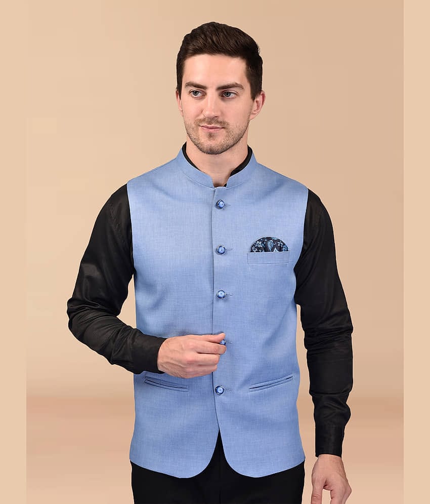 PRINTCULTR Blue Cotton Blend Men's Nehru Jacket ( Pack of 1 )
