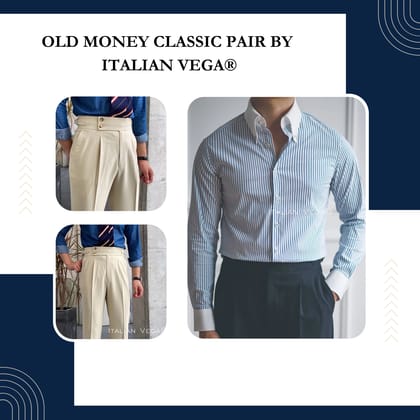 Old Money Classic Stripe Shirt with Beige Signature Buttoned Gurkha Pant by ITALIAN VEGA®-M / 28