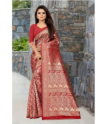 Gazal Fashions Banarasi Silk Printed Saree With Unstitched Blouse Piece ( Multicolor )