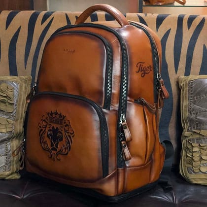 Handmade Tan Leather Backpack with Name Initials TIGER by Brune & Bareskin-FS