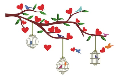 DreamKraft Love Birds in cage with Hearts Wall Sticker (Multicolor PVC Vinyl 58 cm X 86 cm)