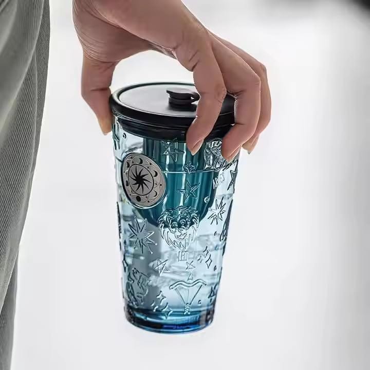 Constellation Glass Tumbler with Lid and Straw | Reusable Cola Cup for Fruit Juice | Iced Coffee Cocktail Mug | Tumbler forJuice,Tea for Home, Office & Travel (450 ml,Pack of1,Dark Blue)