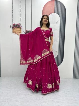 Chinon Thread Embroidery work Chaniya Choli-Free Size [Alters 38-44] / Magenta