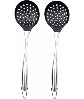 Baskety Silicone with Stainless Steel Handle Slotted Flexible Kitchen Set Spatula ( Pack of 2 , Black)