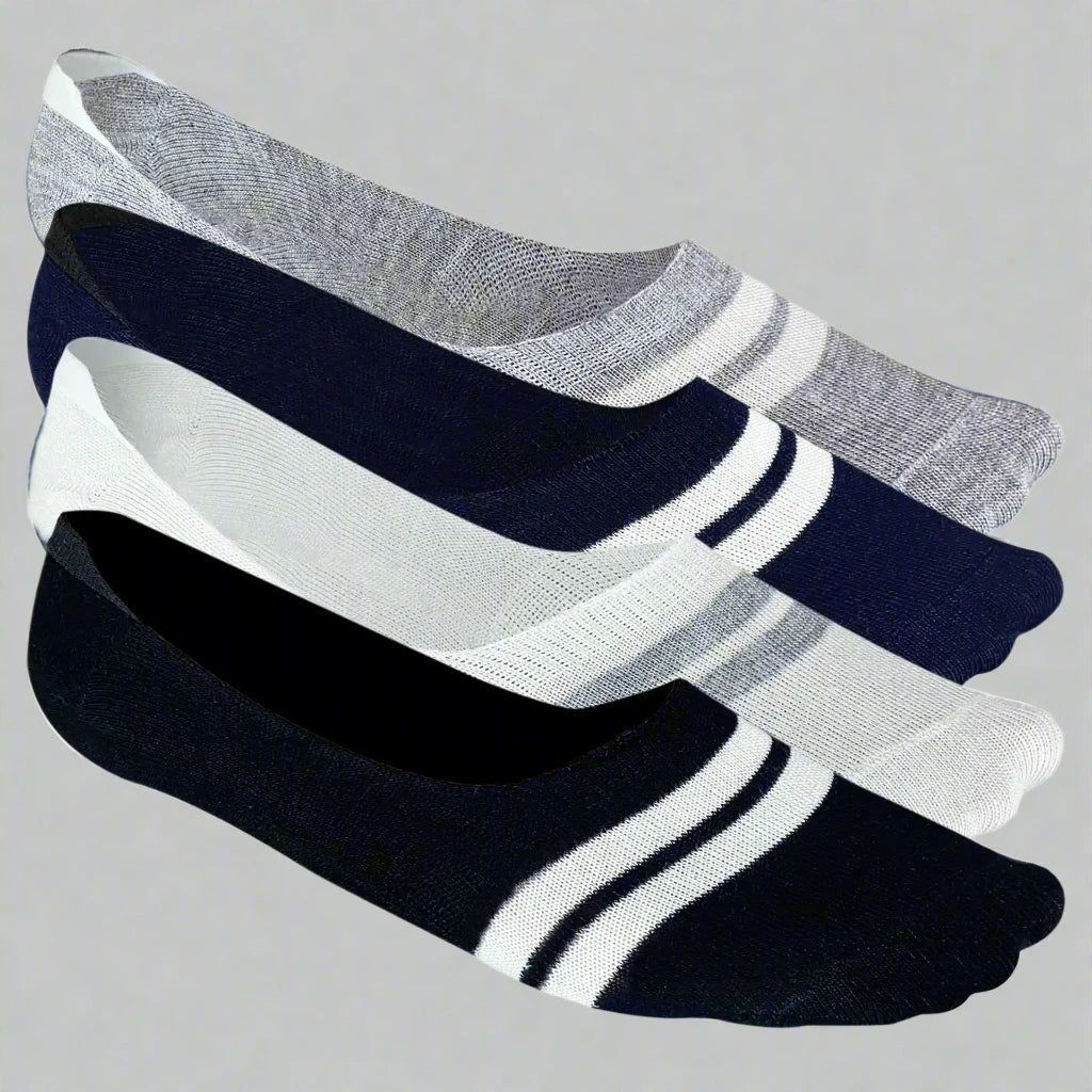 Bamboo No Show Socks for Men (Stripes) - Pack of 4-Navy Blue | Off White | Light Grey | Black