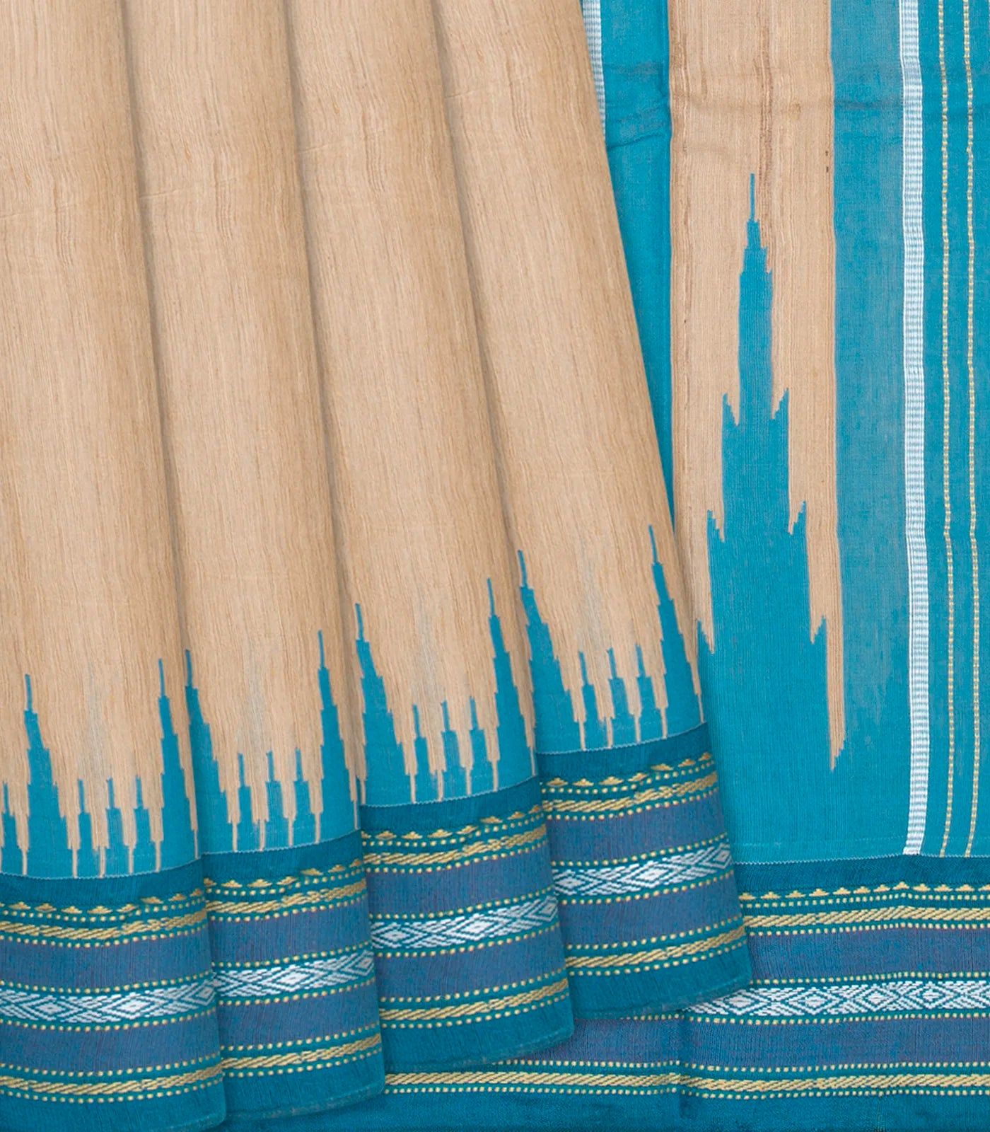 Cream Woven Dupion Silk Saree With Turquoise Border-Cream-Cream