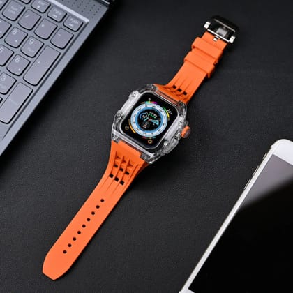 Luxury Modification Kit Transparent Case + Rubber Silicone Straps By iSerieshub Compatible For Smart Watch (44MM 45MM)-44-45MM / Orange