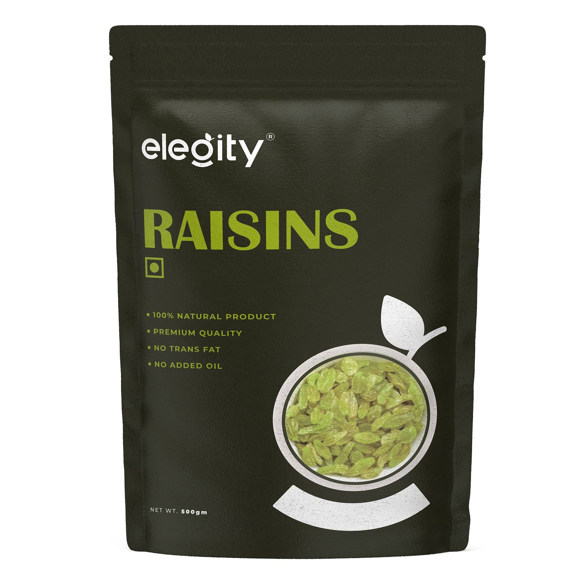 Elegity Plain Seedless Green Raisins Pouch 500 gm | 100% Natural Dried Grapes (Kishmish) | Nutritious, Delicious & Healthy Snack | Source of Fibre in Nuts | No Preservatives in Dry Fruit